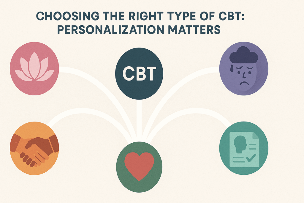 Colorful infographic illustrating different types of CBT with symbols for mindfulness, emotional regulation, communication, schema work, and acceptance branching from a central hub