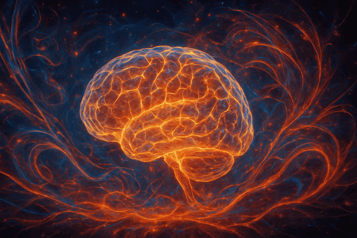 Glowing human brain illuminated with neural networks, surrounded by swirling energy patterns, symbolizing how does thinking work.