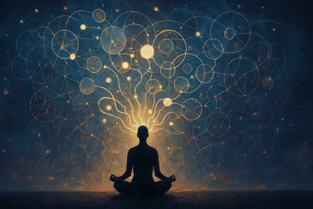 Person meditating with glowing streams of light and cosmic shapes emerging from their head, symbolizing how does thinking work.