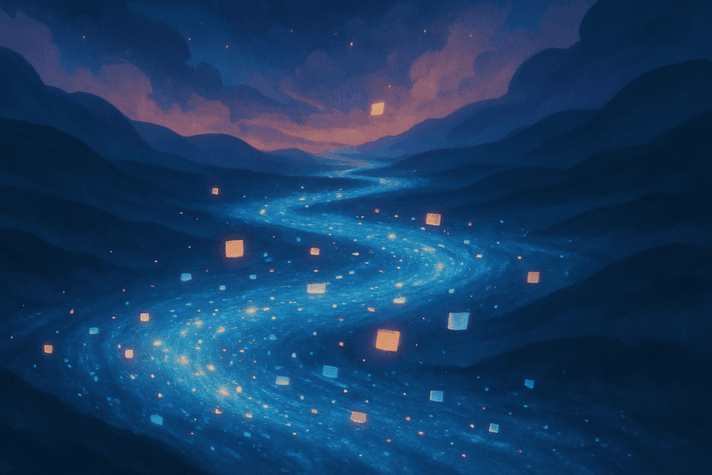 Dreamlike mindscape with a glowing river of memory fragments illustrating how does thinking work in a flowing stream of consciousness.