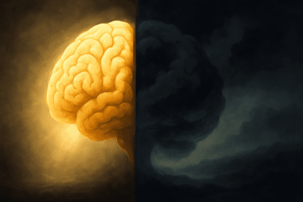 Split-view illustration of a brain showing bright conscious thought and dark unconscious thought, symbolizing how does thinking work.