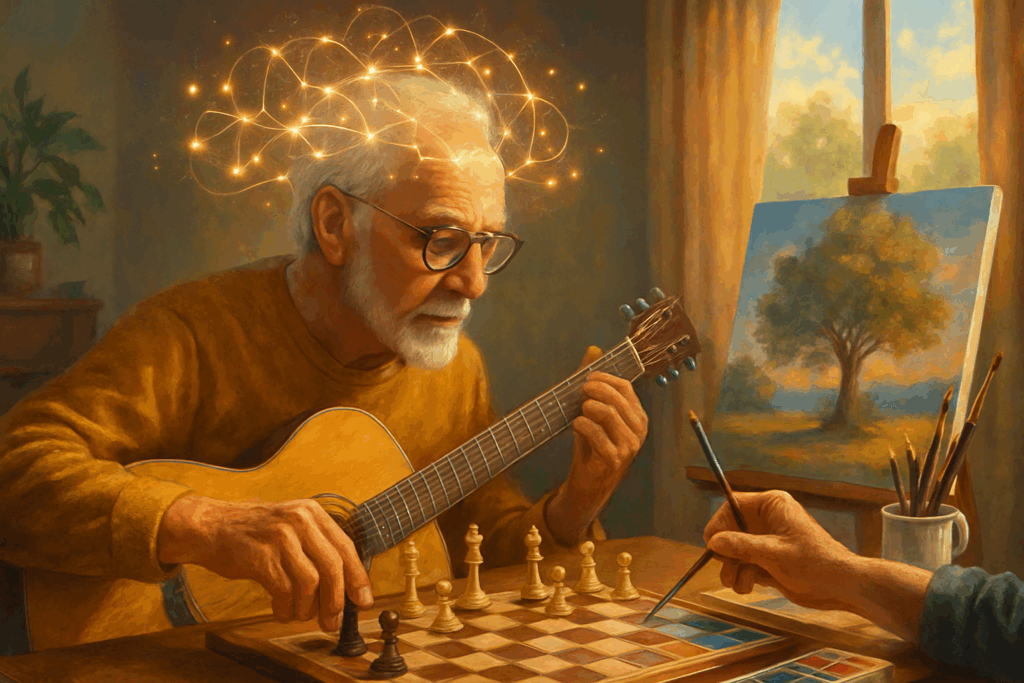 Older adult playing chess, painting, and learning guitar in a sunlit room with glowing neural connections symbolizing brain health, illustrating how does thinking work.