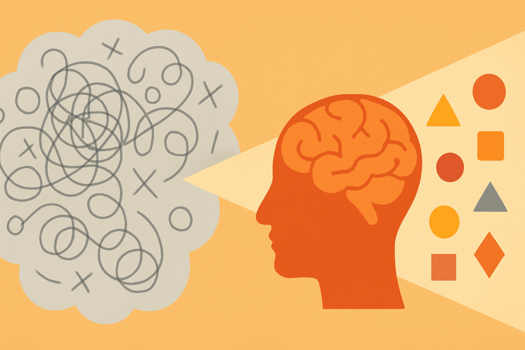 Abstract infographic showing how does thinking work with a brain filtering chaotic thoughts into organized ideas through a focused beam.