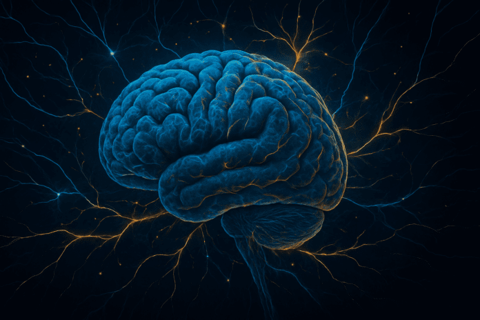 Detailed digital illustration of a human brain surrounded by glowing neural connections, representing brain learning and mental health resilience. The image showcases intricate pathways of neurons firing in vivid blue and gold against a dark background, conveying complexity and growth.