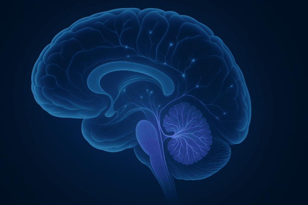 Cross-sectional illustration of the human brain highlighting the hippocampus and prefrontal cortex with glowing neural pathways representing brain learning