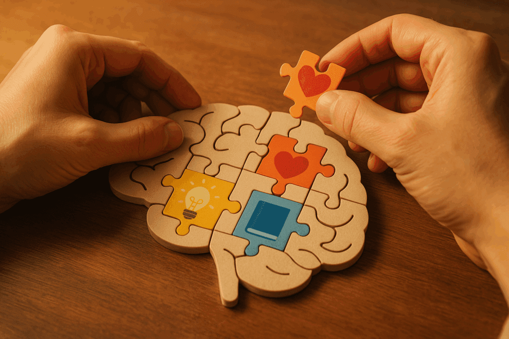 Hands placing colorful puzzle pieces symbolizing brain learning, emotions, and education into a brain-shaped puzzle on a table.