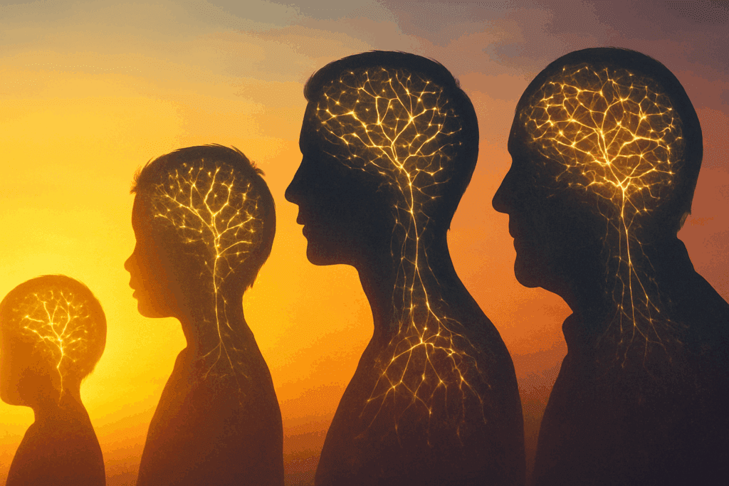 Silhouettes of a child, teenager, adult, and elderly person with glowing neural networks illustrating brain learning across the human lifespan against a sunrise-to-sunset sky."