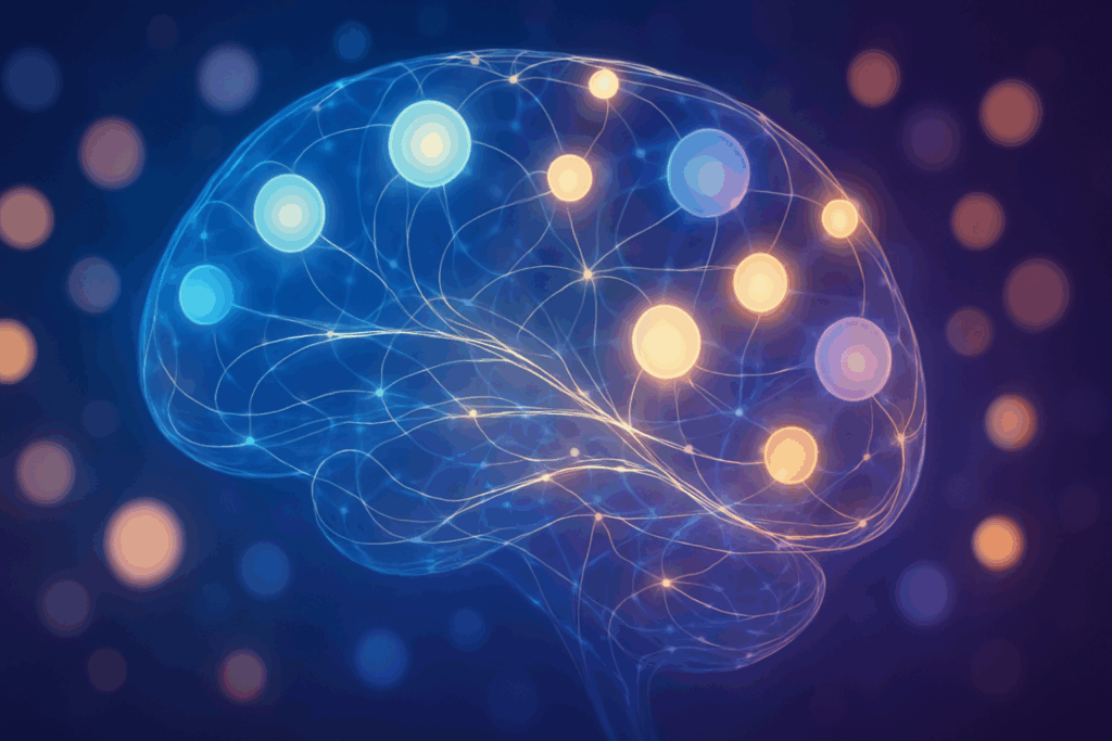 Silhouettes of a child, teenager, adult, and elderly person with glowing neural networks illustrating brain learning across the human lifespan against a sunrise-to-sunset sky.