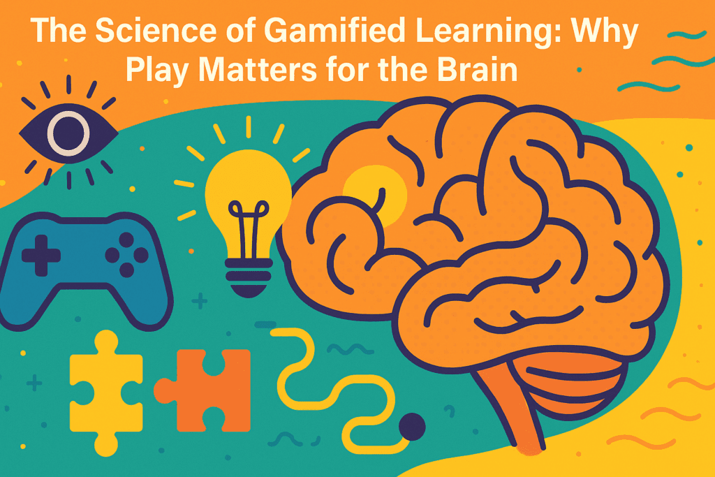 Colorful infographic illustrating brain learning through gamified activities, featuring icons for attention, memory, and problem-solving