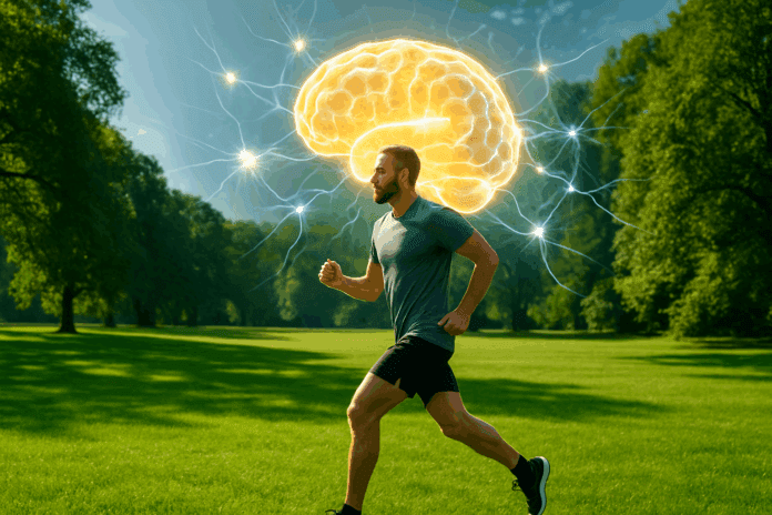 Healthy adult jogging in a vibrant green park under bright sunlight, with a glowing brain and interconnected neurons radiating from the head, symbolizing how exercise helps your brain by enhancing cognitive function and mental clarity.