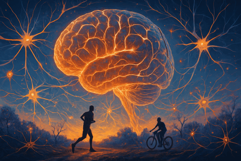 Person jogging and cycling through a glowing neural landscape illustrating how exercise helps your brain by activating neural pathways and brain plasticity