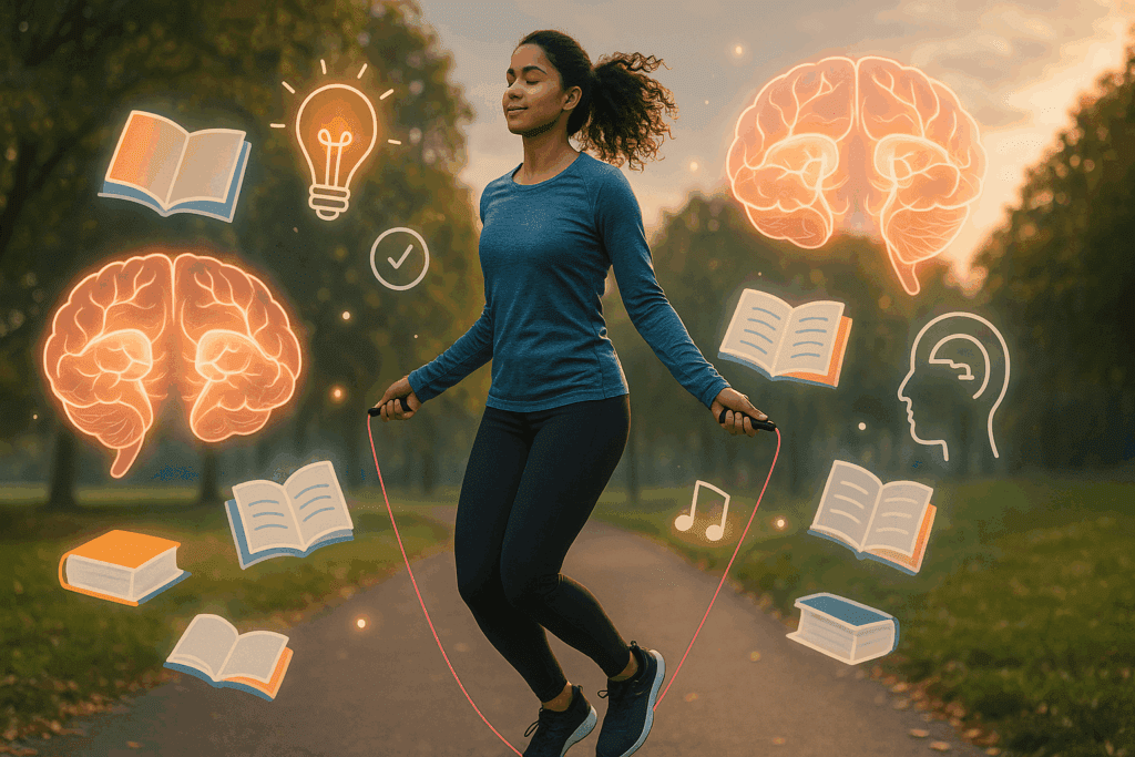 Young adult woman skipping rope outdoors, surrounded by glowing memory icons like books and brains, illustrating how exercise helps your brain by enhancing cognitive function and memory.