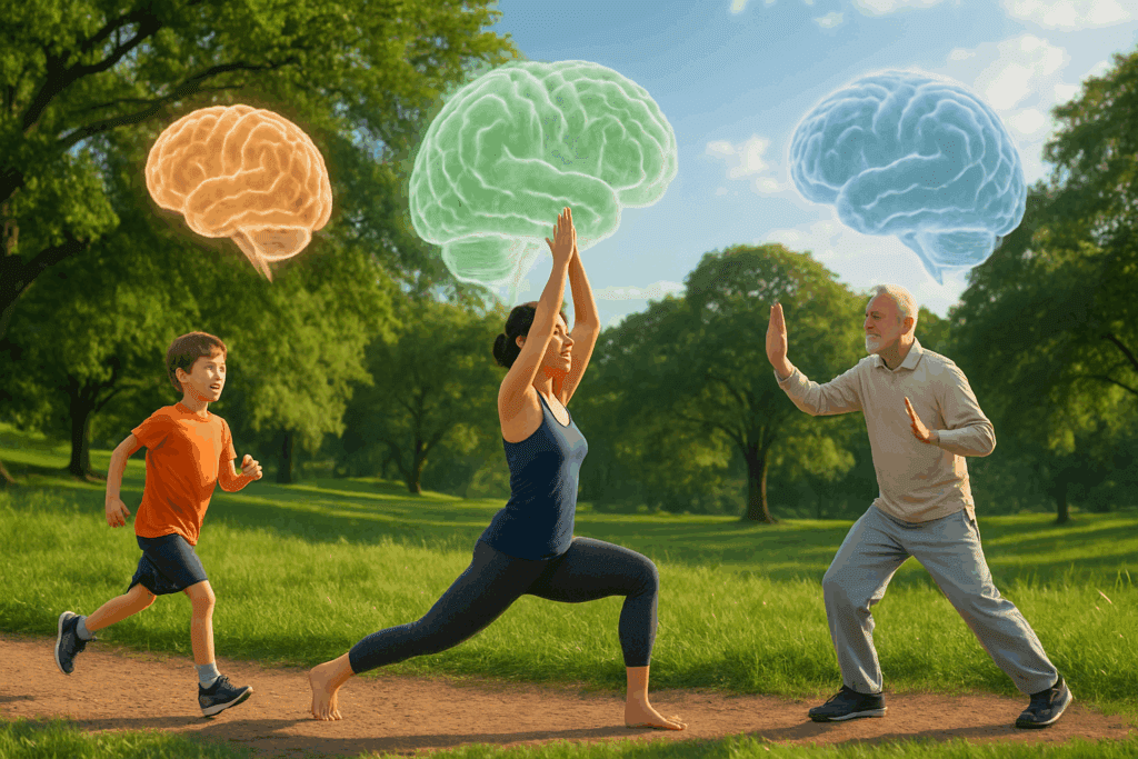 Child running, woman doing yoga, and senior practicing tai chi in a sunny park, illustrating how exercise helps your brain across all ages.