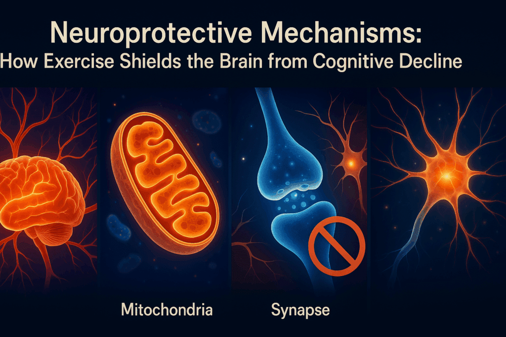 Infographic showing how exercise helps your brain by increasing blood flow, boosting mitochondria, reducing inflammation, and enhancing neuron activity.