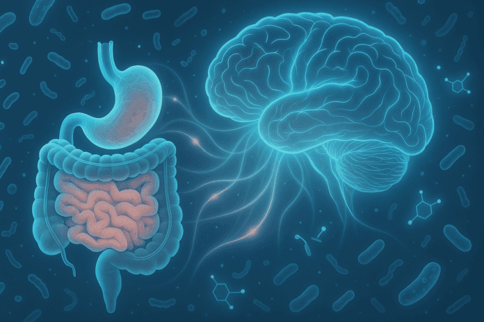 Scientific illustration showing how gut permeability affects mental health, with glowing neural pathways linking intestines and brain amid gut microbes and serotonin molecules