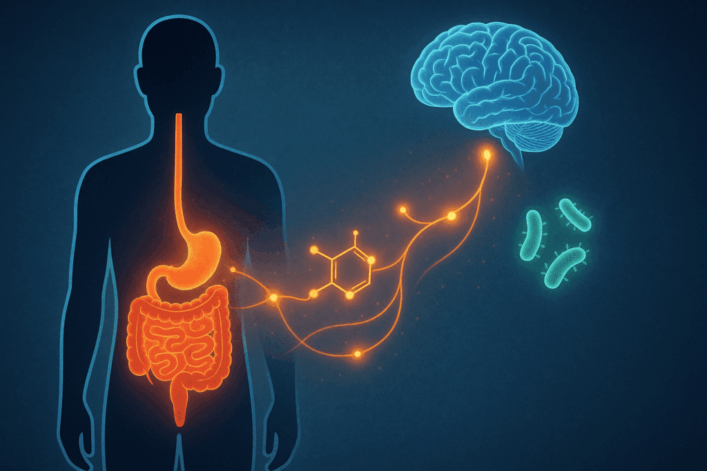 Conceptual illustration showing how gut permeability affects mental health, with glowing pathways linking the digestive system to the brain, including serotonin and gut bacteria.