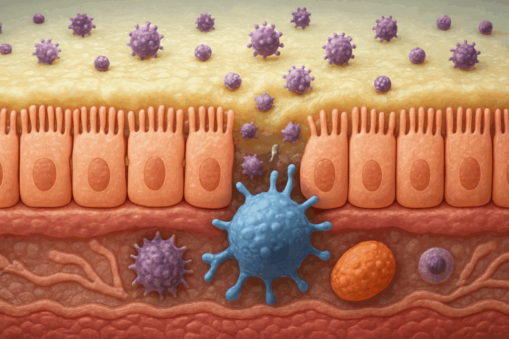 3D cross-section of intestinal barrier showing tight epithelial junctions, mucosal layer, and immune response—visualizing how gut permeability affects mental health