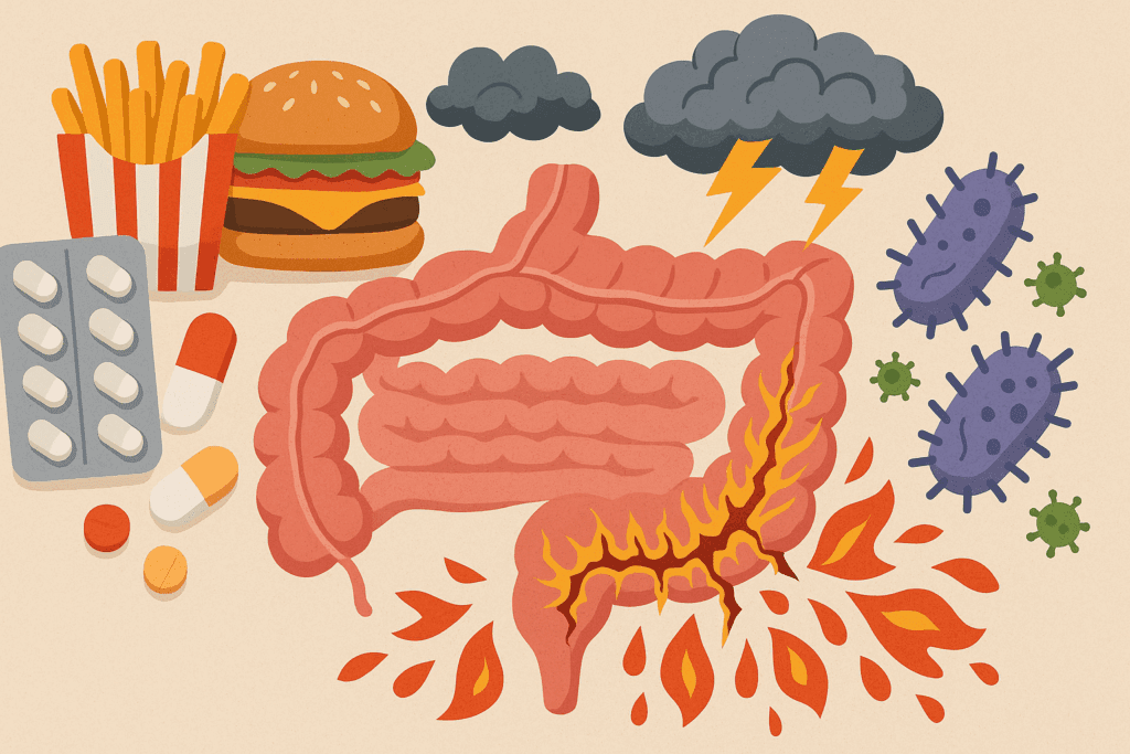 Symbolic collage showing how gut permeability affects mental health, with a leaky intestine surrounded by stress, junk food, pills, and pathogens