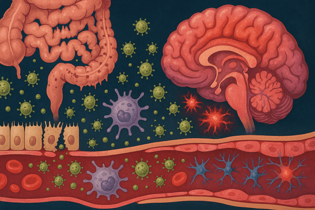 Inflammatory cytokines traveling from a leaky gut to the brain via the bloodstream, showing how gut permeability affects mental health through immune activation and brain inflammation.