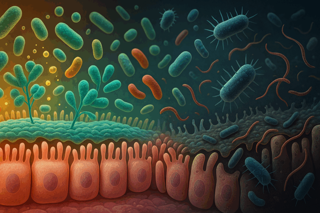 Artistic illustration of healthy and disrupted gut microbiota showing how gut permeability affects mental health through microbial balance and inflammation.