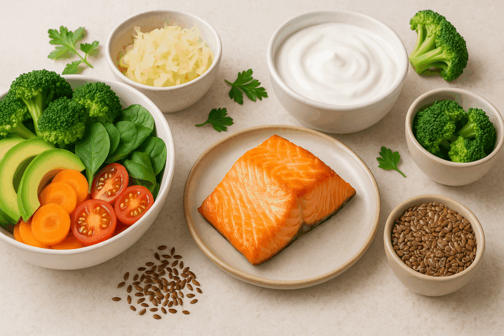 Anti-inflammatory meal with salmon, sauerkraut, yogurt, and vegetables illustrating how gut permeability affects mental health