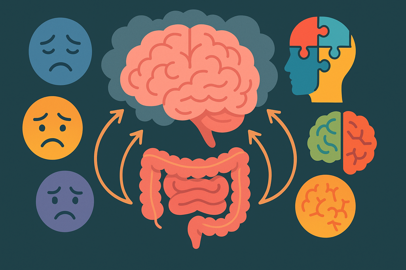 Diagram showing how gut permeability affects mental health, linking intestines to brain with icons for depression, anxiety, autism, and Alzheimer’s.