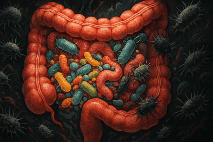 Highly detailed illustration of the human gut showing vibrant healthy microbiota battling dark, spiky harmful gut bacteria inside the intestine