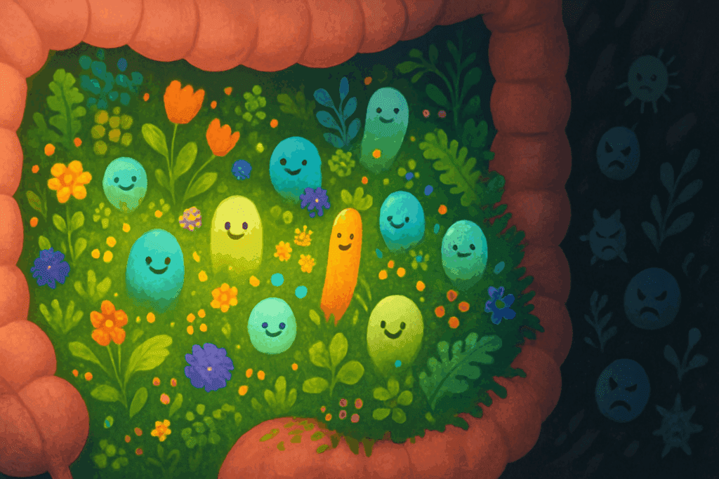 Colorful garden of beneficial gut microbes inside a human intestine, with harmful gut bacteria emerging in a shadowy corner