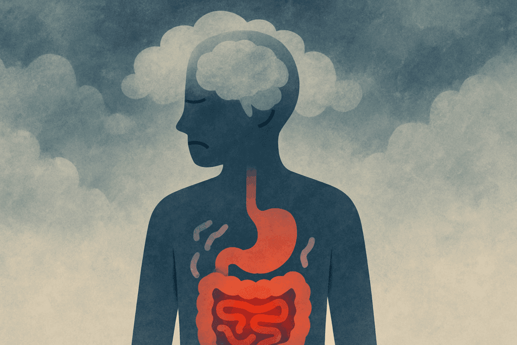 Conceptual illustration of a human silhouette showing brain fog, skin irritation, and inflamed digestive tract as symptoms of harmful gut bacteria