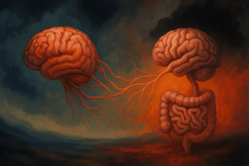 rtistic landscape illustrating the gut-brain axis with nerve tendrils linking the gut and brain, symbolizing psychological effects of harmful gut bacteria