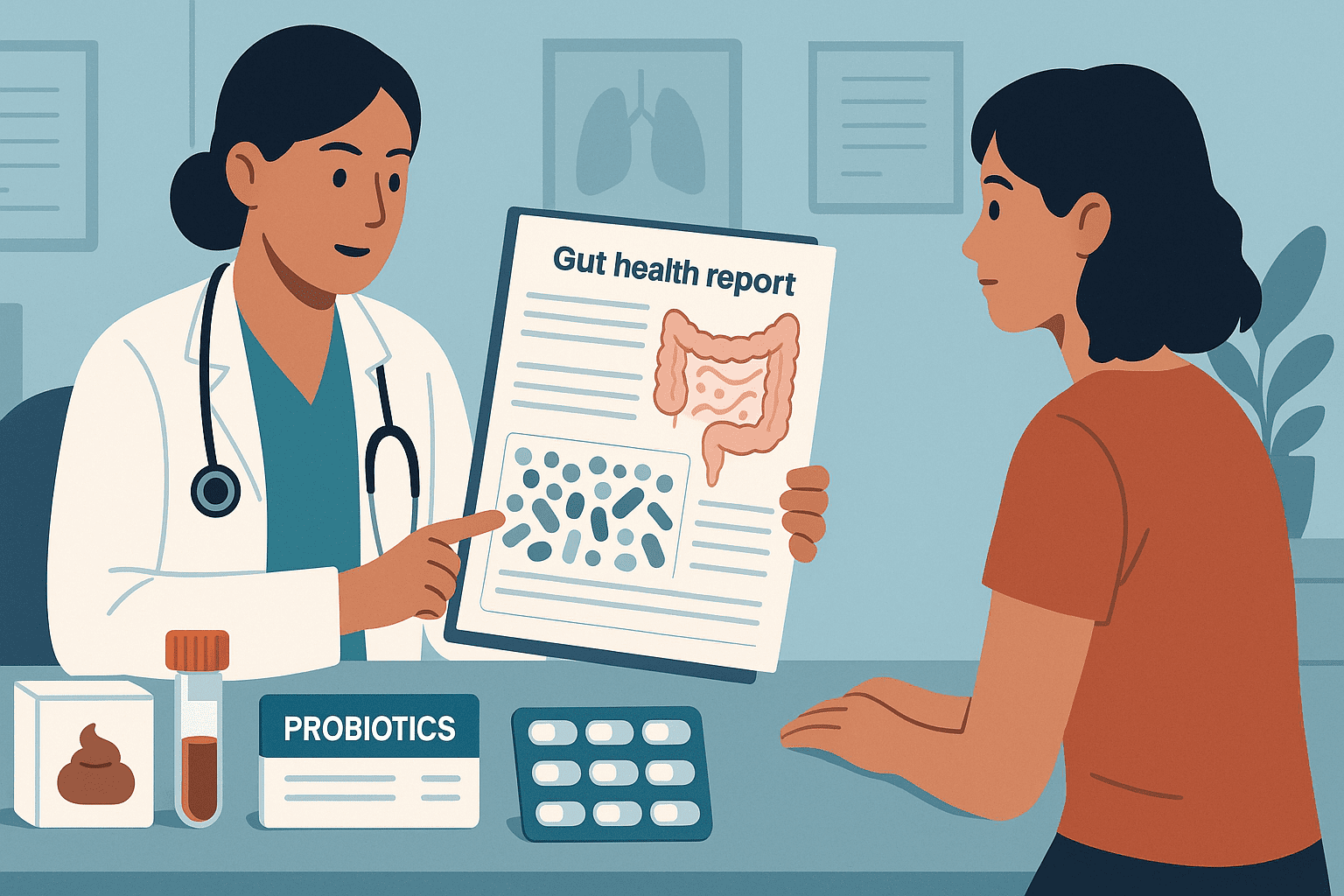 Clinician discussing harmful gut bacteria with a patient while reviewing microbiome test results and personalized gut health treatments in a doctor's office.