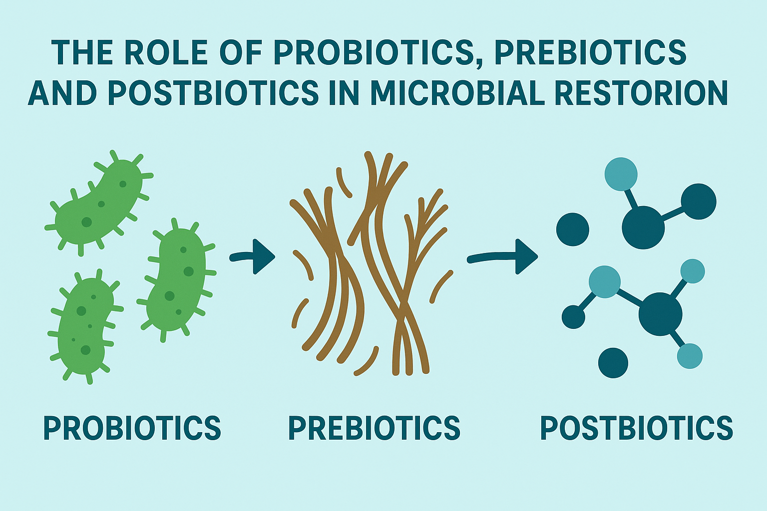 Diagram illustrating probiotics as beneficial bacteria, prebiotics as fibers nourishing good microbes, and postbiotics as byproducts that help balance harmful gut bacteria