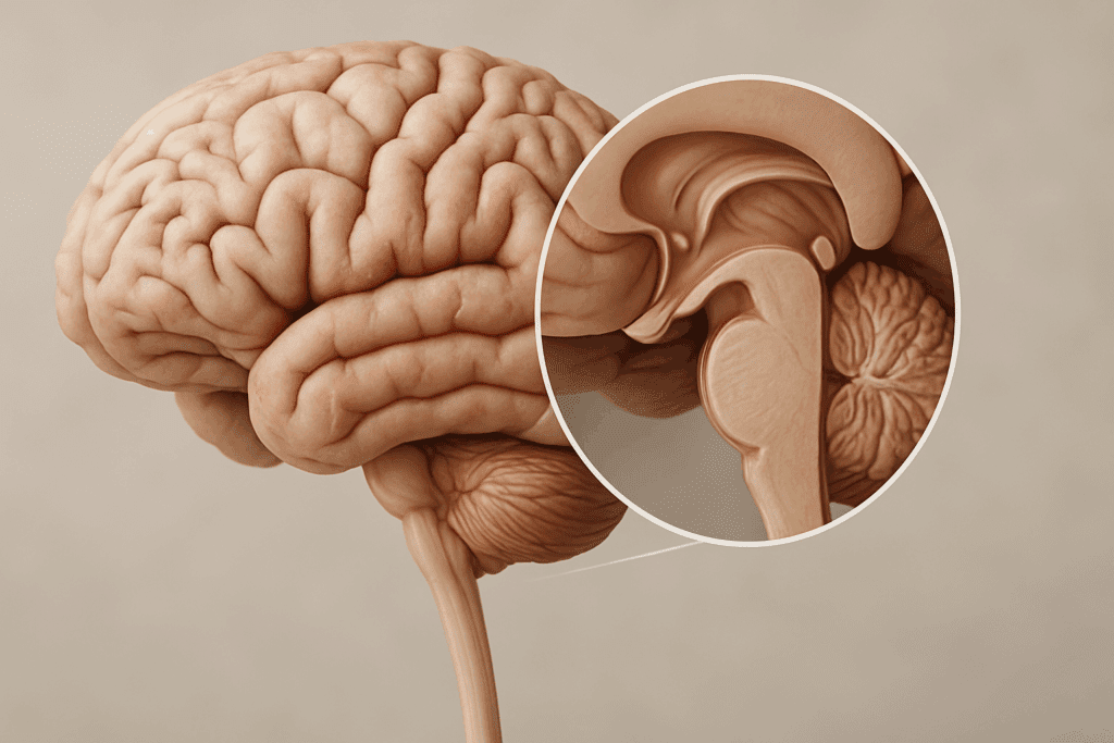3D rendering of a human brain with a detailed cutaway view highlighting the hindbrain structures, illustrating Hindbrain Function in relation to the spinal cord and cerebrum.