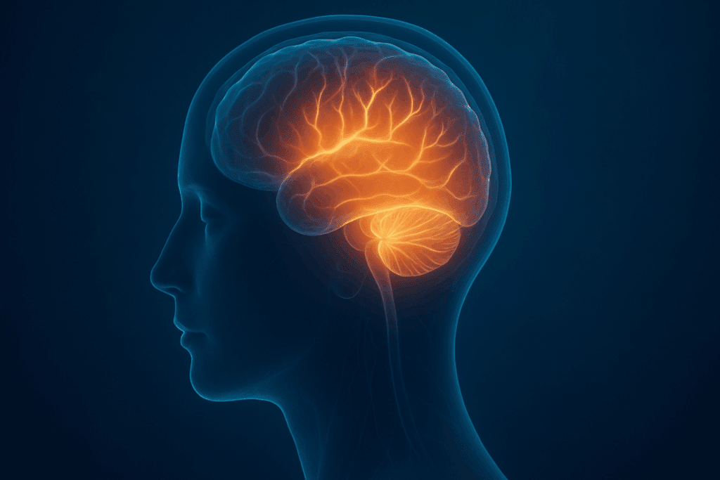 Glowing cerebellum inside a transparent human head on a dark blue background, symbolizing mental clarity, cognitive focus, and Hindbrain Function.