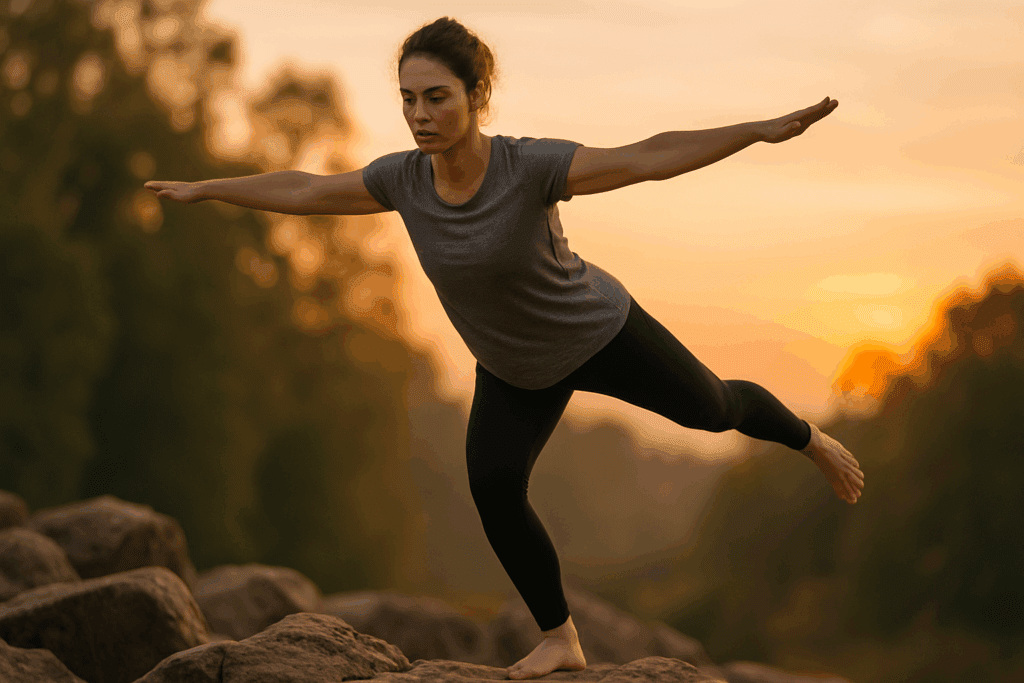Person balancing gracefully on one foot on rocky terrain at sunset, symbolizing physical and emotional stability supported by Hindbrain Function.