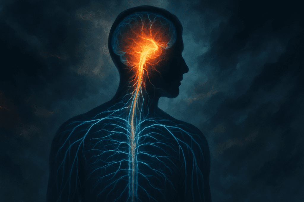 Human silhouette with illuminated neural pathways highlighting brainstem activity against a stormy backdrop, visualizing Hindbrain Function during stress response