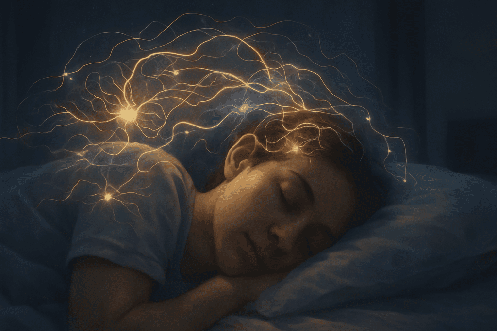 Person sleeping peacefully in a dark room with soft glowing neural waves around their head, symbolizing REM sleep, brain restoration, and Hindbrain Function.