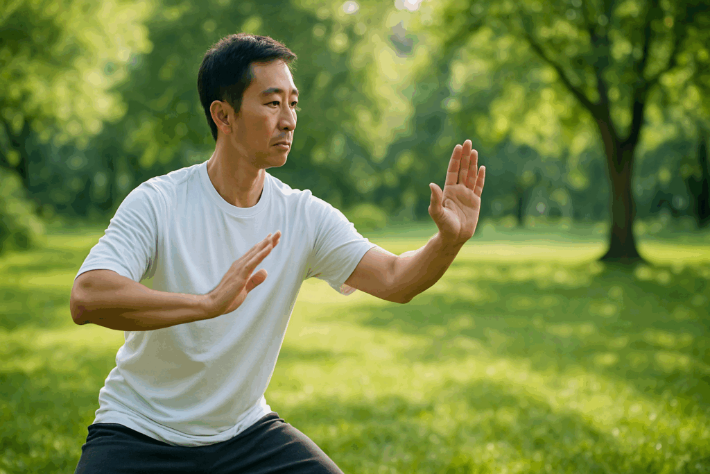 Middle-aged man practicing Tai Chi in a sunlit green park to support mental focus and Hindbrain Function.