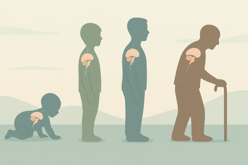 Infographic illustrating developmental and lifespan changes in Hindbrain Function with silhouettes of a crawling infant, standing adolescent, adult, and elderly person showing cerebellum, pons, and medulla highlights.