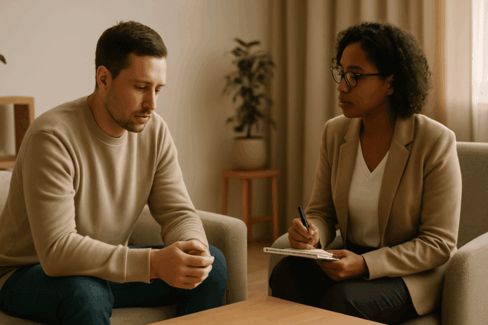 Therapist actively listening to a reflective client in a calm setting, symbolizing the structured process behind how long does CBT take to work.