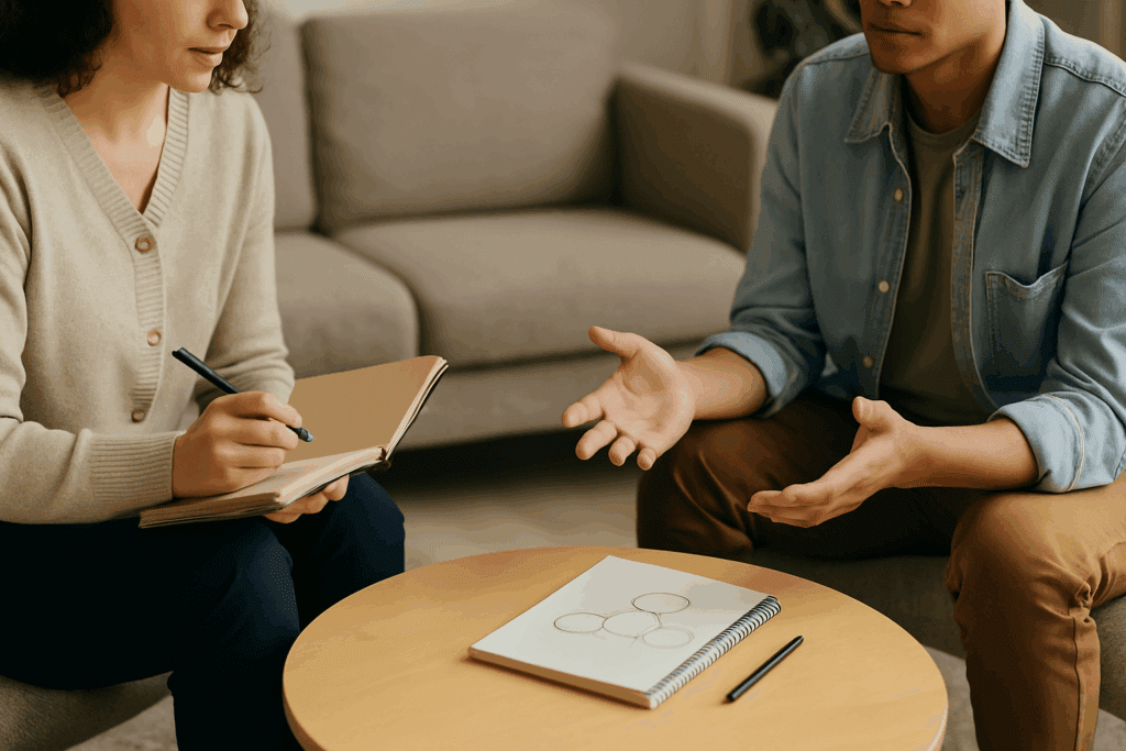 Therapist and client engaged in an early cognitive behavioral therapy session, reflecting initial steps in answering how long does CBT take to work