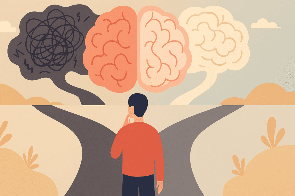 Person standing at a forked road beneath a split brain symbolizing thought choices, visualizing how long does CBT take to work through cognitive restructuring.