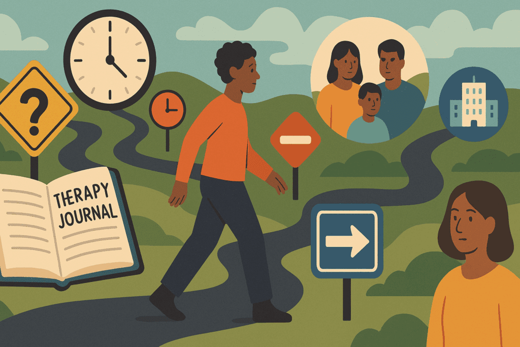 A person walking a winding path with clocks, therapy journals, road signs, and stress symbols, representing how long does CBT take to work