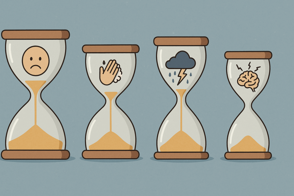 Illustration of four hourglasses with symbolic icons for depression, OCD, anxiety, and PTSD, visually representing how long does CBT take to work across disorders.