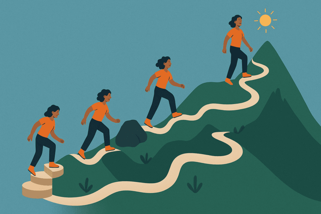 Illustration of a woman progressing along a winding mountain trail with obstacles, symbolizing non-linear therapeutic improvement, exploring how long does CBT take to work