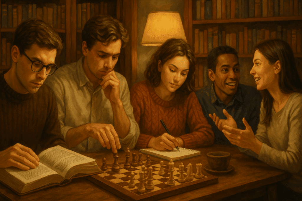 Cozy library scene showing how mental stimulation supports brain health with people reading, playing chess, writing, and engaging in lively discussion.