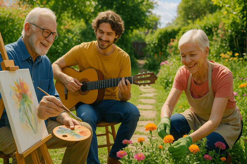 Older adult painting, young man playing guitar, and older woman gardening together in a vibrant garden, showing how mental stimulation supports brain health across generations.