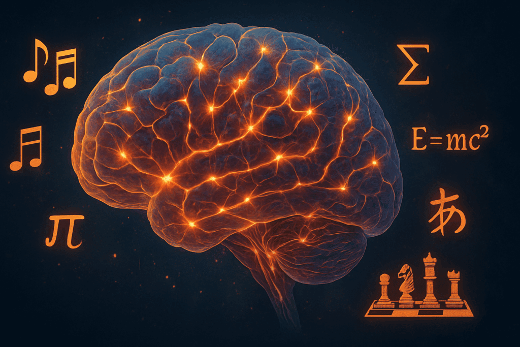 Abstract illustration of a human brain with glowing neural networks forming new connections from stimuli like music, math, language, and chess, representing how mental stimulation supports brain health.
