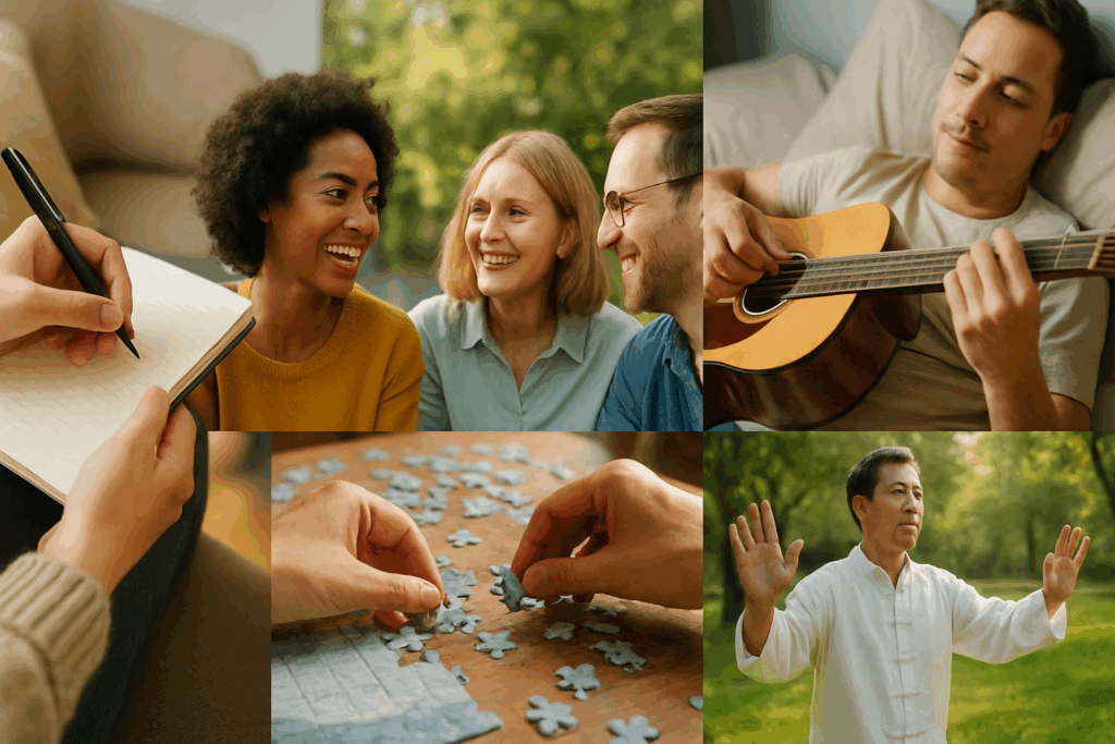 Montage showing how mental stimulation supports brain health through journaling, group conversation, playing music, solving puzzles, and practicing tai chi in a park.