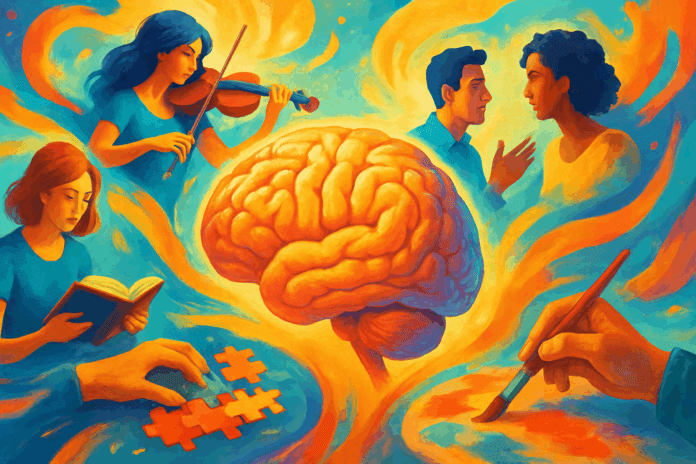 Realistic colorful illustration of an active human brain surrounded by people reading, playing music, solving puzzles, painting, and conversing, symbolizing how mental stimulation supports brain health.